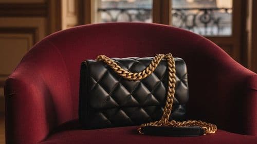 Black quilted flap bag with gold chain on a velvet chair