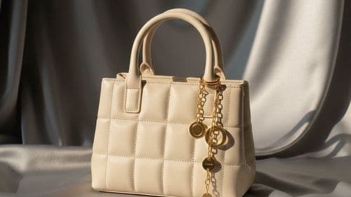 Structured cream quilted top-handle bag with gold-tone charms