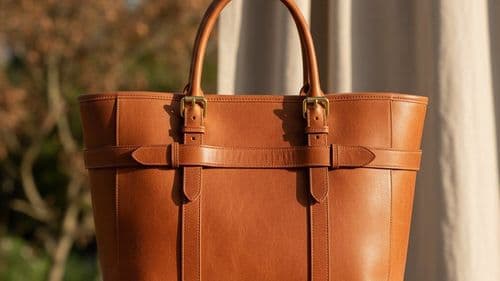 Structured cognac leather handbag on a stone windowsill