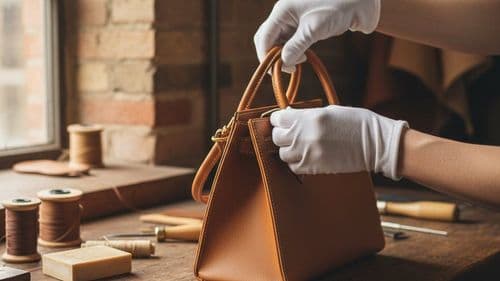 Gloved hands inspecting the stitching of a tan leather handbag