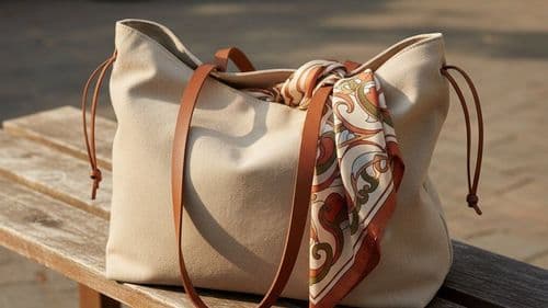 Open beige canvas tote with long flat leather handles and side lacing