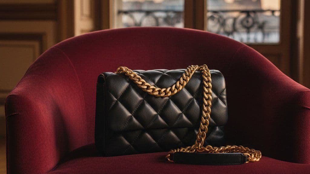 Black quilted flap bag with gold chain on a velvet chair