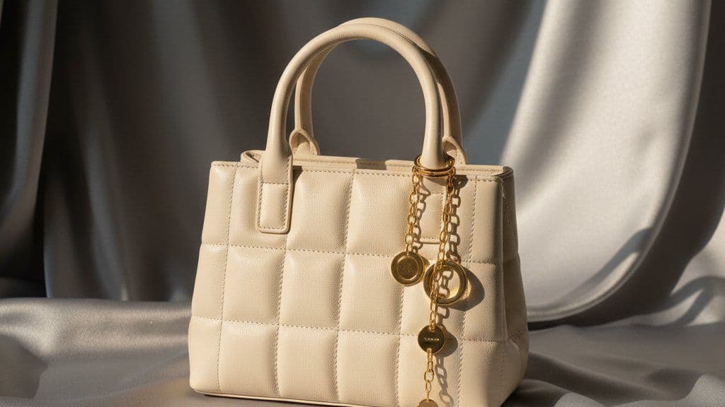 Structured cream quilted top-handle bag with gold-tone charms