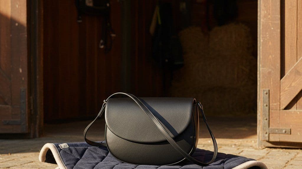 Curved black leather saddle-shaped shoulder bag on a saddle blanket