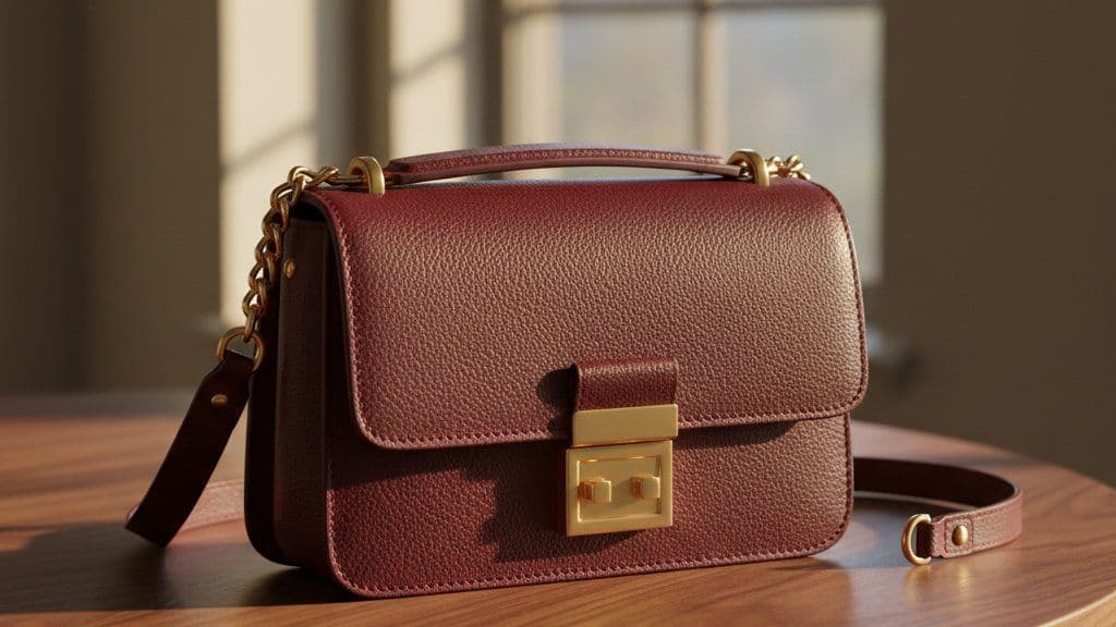 Burgundy leather shoulder bag with gold-tone hardware on walnut