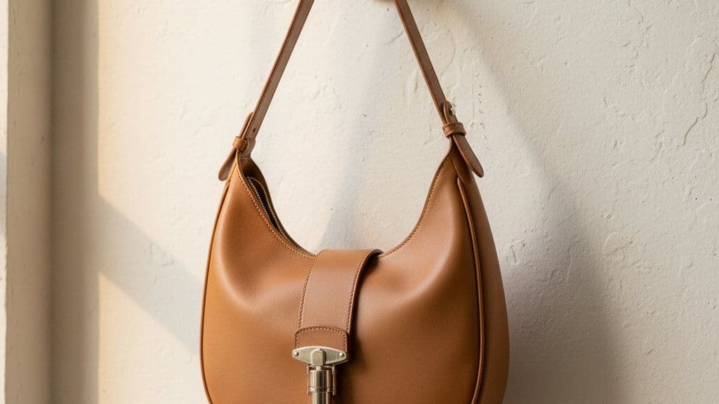 Crescent-shaped tan leather hobo bag with a piston clasp