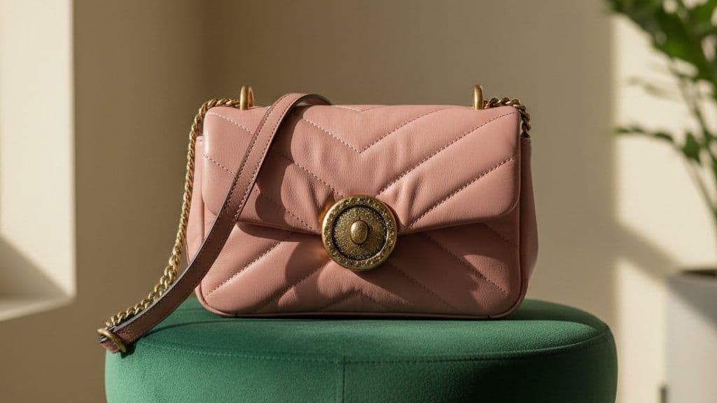 Chevron-quilted dusty pink shoulder bag with a chain strap