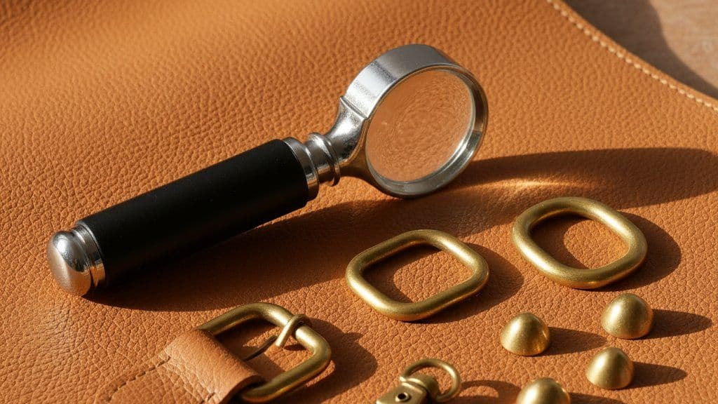 Magnifying loupe on caramel leather beside brass hardware
