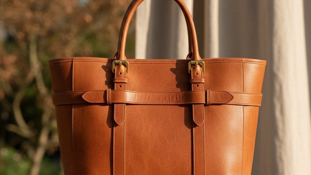 Structured cognac leather handbag on a stone windowsill