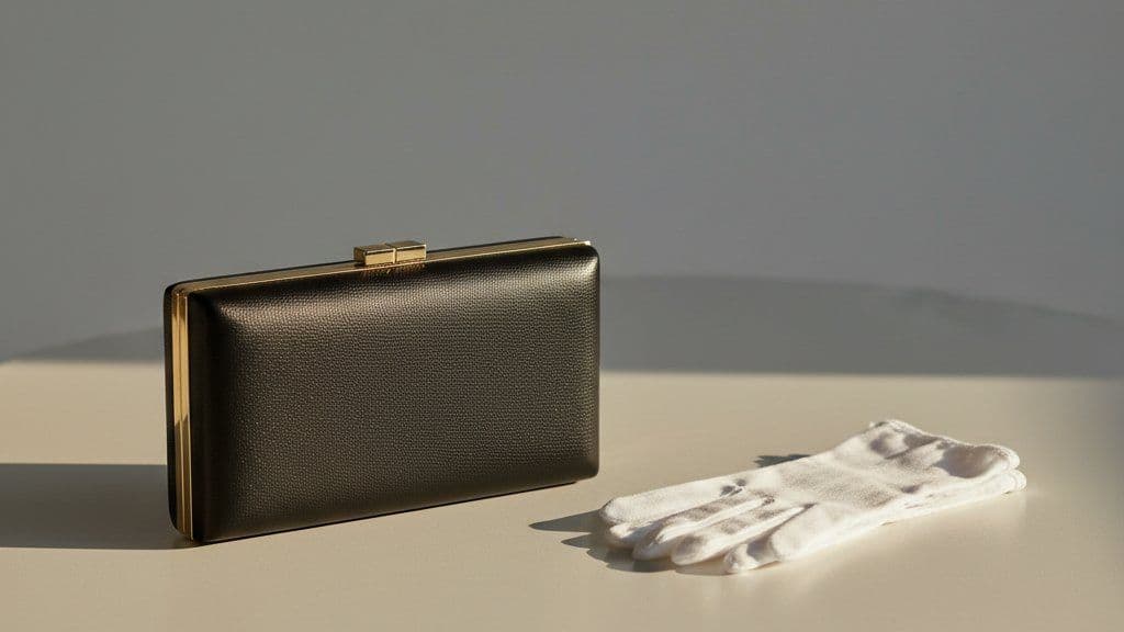 Black leather evening bag beside white inspection gloves
