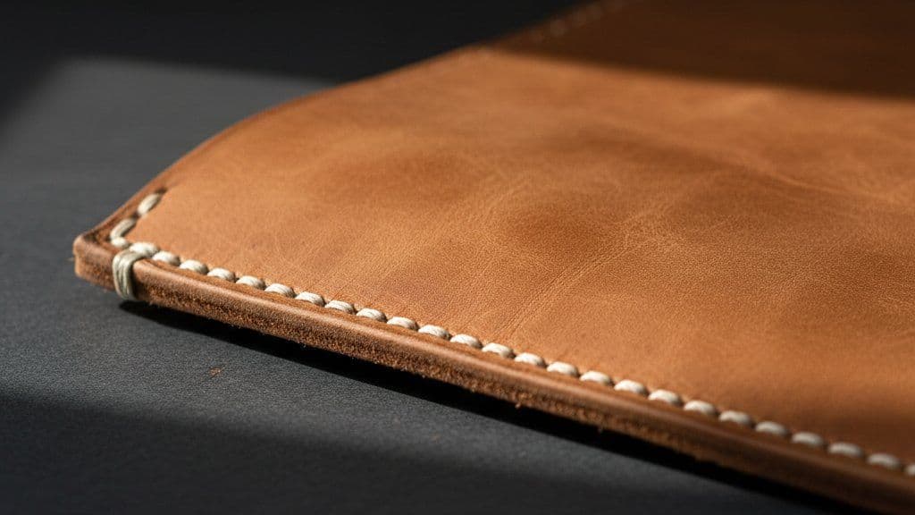 Hand-stitched edge of thick tan saddle leather
