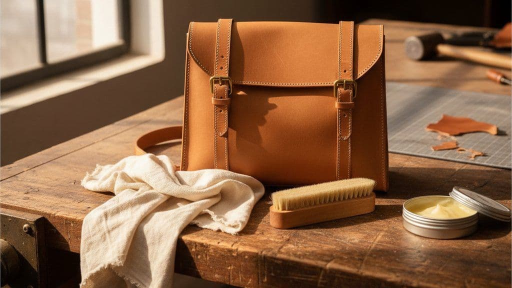 Tan leather handbag on a workbench with cloth, brush and balm