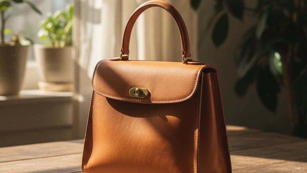 Tan leather handbag on a wooden table in warm daylight