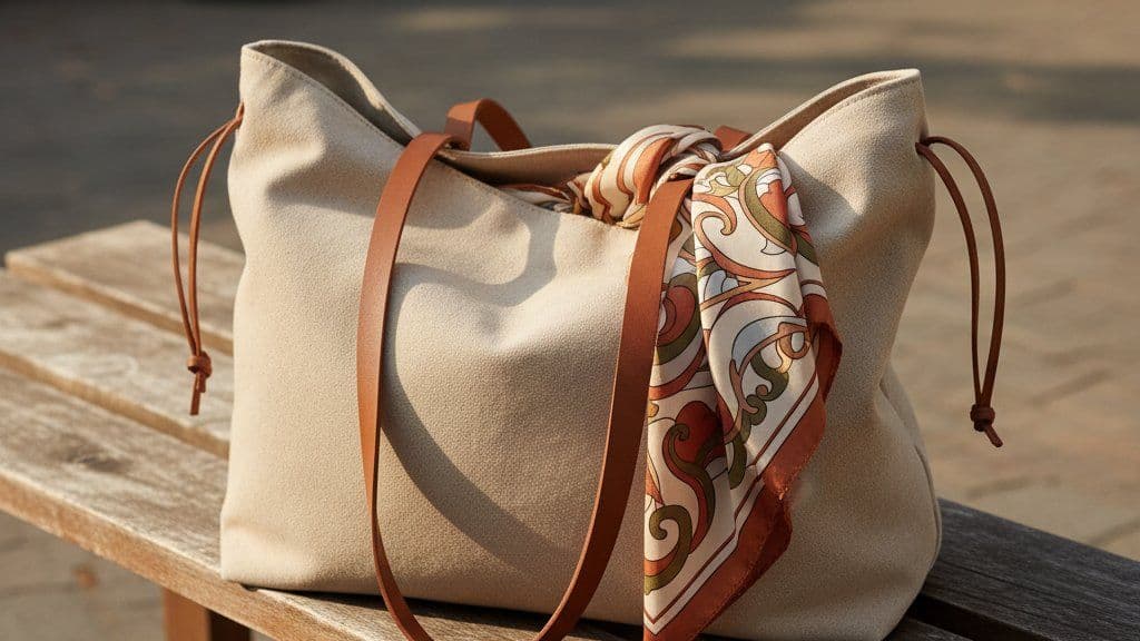 Open beige canvas tote with long flat leather handles and side lacing