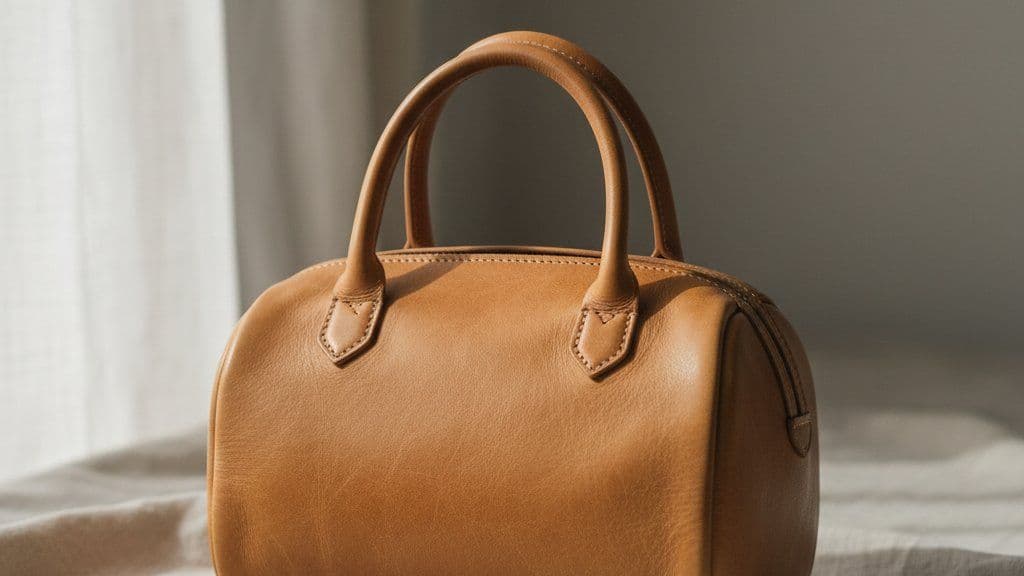 Rounded barrel-shaped tan leather handbag with two rolled handles
