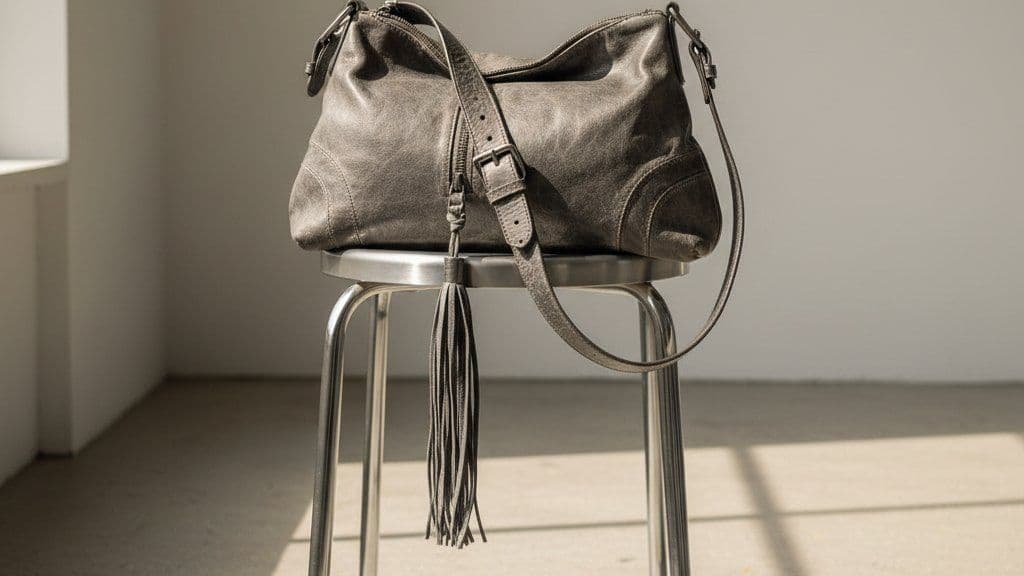 Slouchy distressed charcoal lambskin bag with buckles and tassel