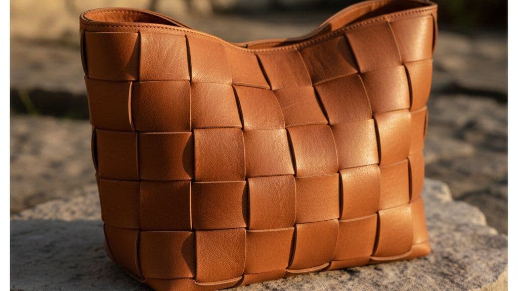 Woven caramel leather tote showing interlaced leather strips