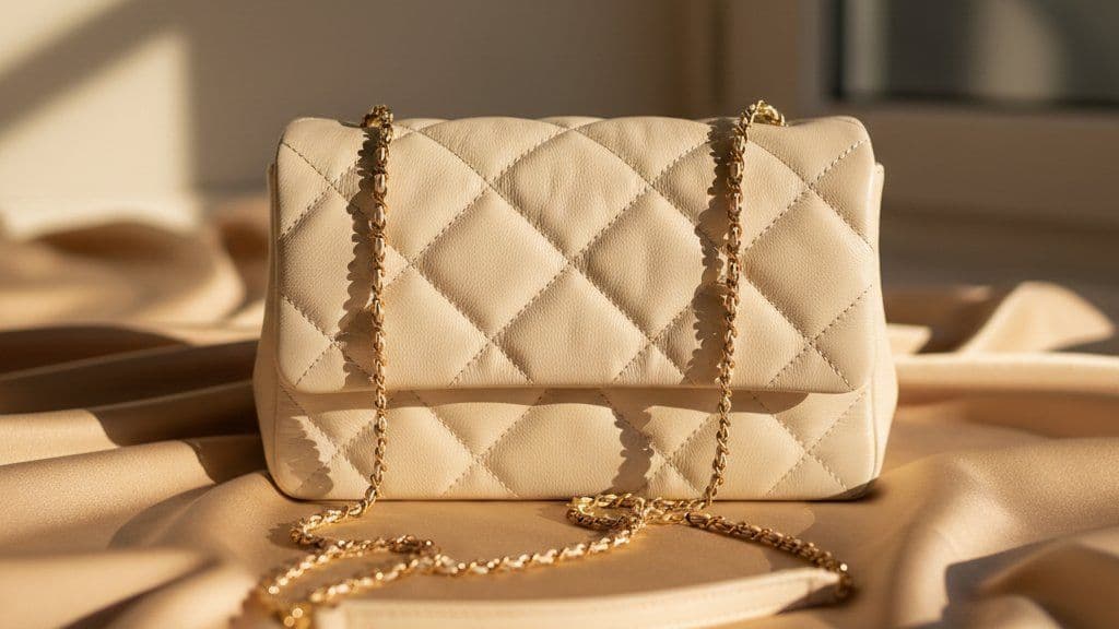 Quilted cream leather flap bag with gold chain on draped fabric