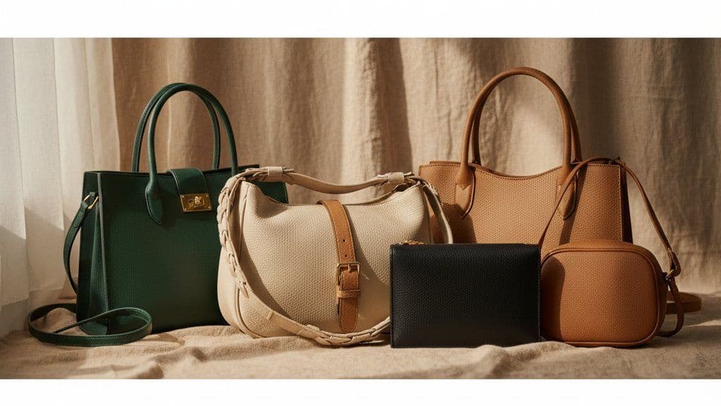 Five leather handbags in muted tones arranged on beige linen