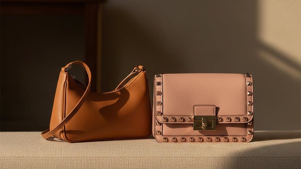 Caramel baguette shoulder bag and blush studded flap bag on linen