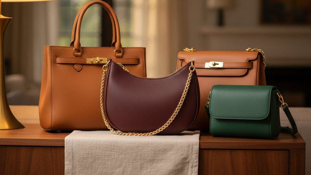 Tan, burgundy and green leather handbags on a walnut sideboard
