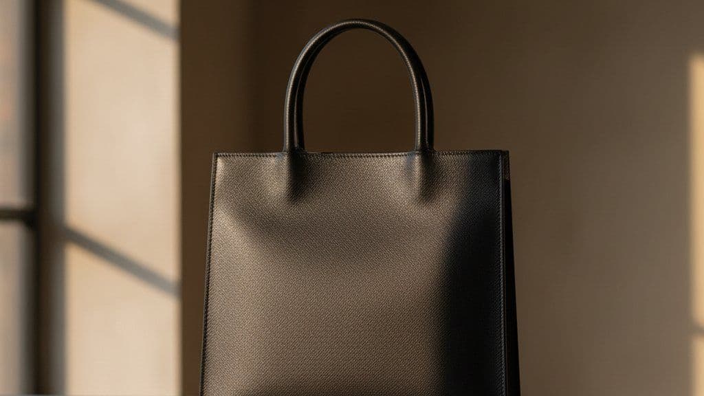 Structured black crosshatch-textured leather tote with slim handles