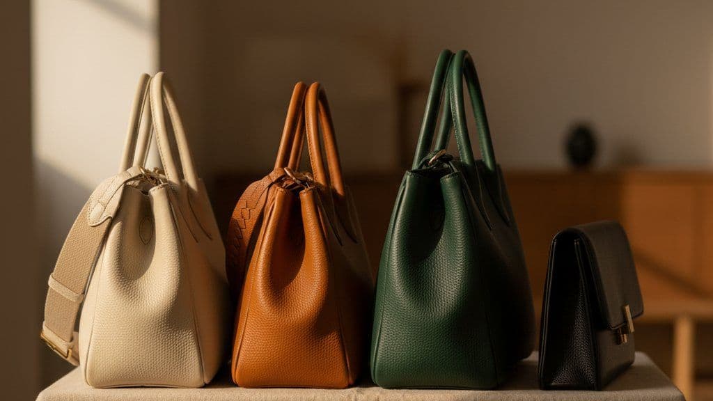 Four elegant leather handbags in a row on beige linen