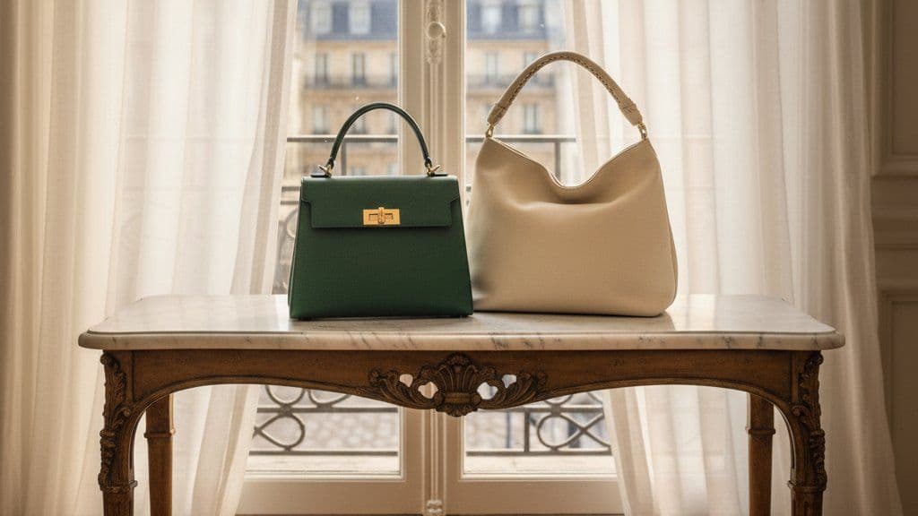 Two elegant handbags on a marble console in window light